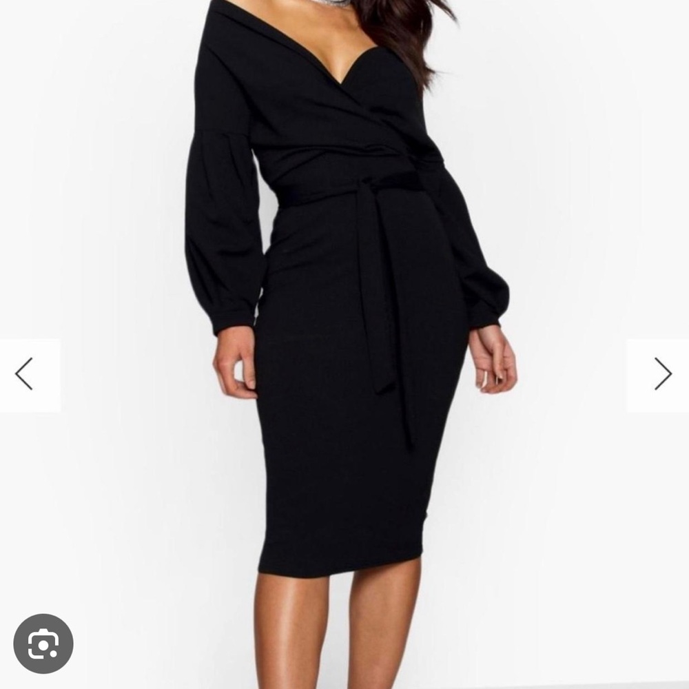 Nina Off The Shoulder Wrap Midi Bodycon Dress
